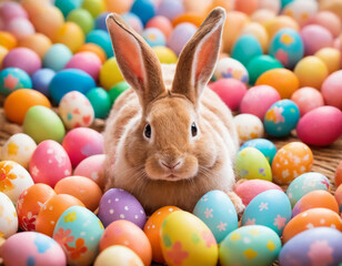 Easter bunny among large colored eggs. Holiday card for Easter