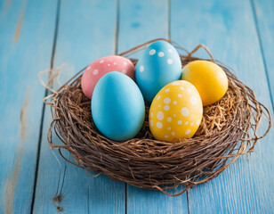 Naklejka na ściany i meble painted eggs in a nest for Easter on a blue background