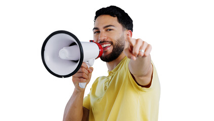 Happy man, portrait and pointing to you with megaphone for choice, selection or announcement on a transparent PNG background. Young male person with loudspeaker or bullhorn for speech or lucky winner - obrazy, fototapety, plakaty