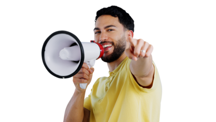 Happy man, portrait and pointing to you with megaphone for choice, selection or announcement on a transparent PNG background. Young male person with loudspeaker or bullhorn for speech or lucky winner