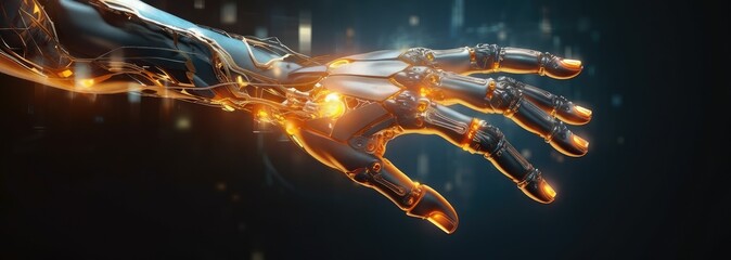 Futuristic robot hand with burning flames