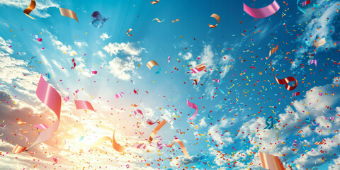 Fototapeta na wymiar Festive background banner with a beautiful blue sky filled with small clouds and celebration ribbon flying in the air and stunning light