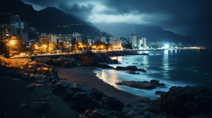 Naklejka premium Ultra-detailed photo lights of the night metropolis located on a cliff by the sea. Generative AI