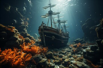 a pirate ship is floating on top of a coral reef in the ocean - obrazy, fototapety, plakaty