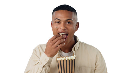 Happy man, portrait and popcorn for movies or cinema, eating and hungry with snack for...