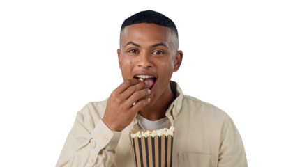 Happy man, portrait and popcorn for movies or cinema, eating and hungry with snack for entertainment on weekend. Guy, face and excited with junk food for tv and isolated on transparent png background