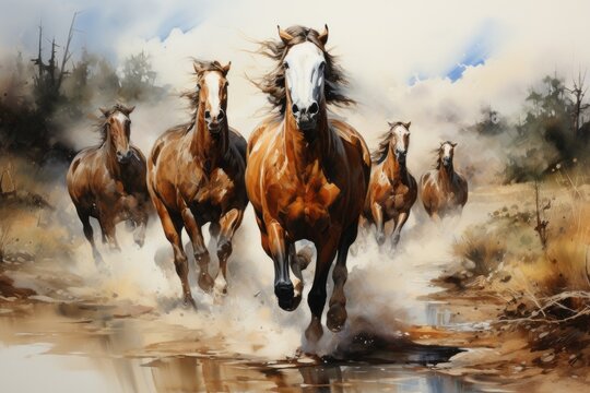 a painting of a herd of horses running through a muddy field