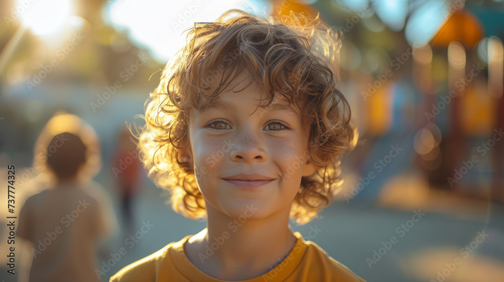 Wall mural portrait of a curly blond boy.