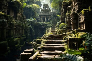 There are steps ascending to a temple surrounded by trees in a forest - obrazy, fototapety, plakaty