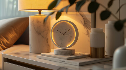 White stone clock on the stand.