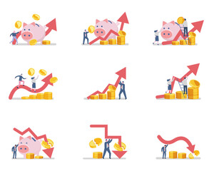 ecession and bankrupt concept illustration set, piggy bank,money and arrow