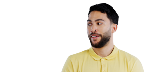 Man, face and thinking of solution with question, idea and decision for problem solving, opportunity and doubt. Person, indian model or thoughtful with choice isolated on a png transparent background