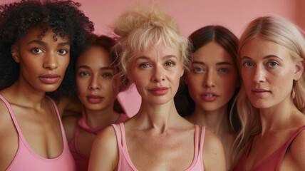 Group of women of different ages in pink T-shirts on a pink background.