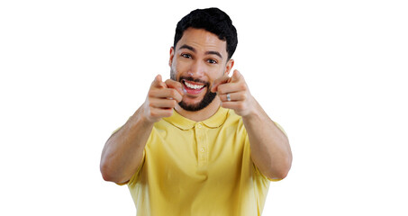 Man, portrait and happy with pointing to you for decision, choice and vote for winner, volunteer and join us. Indian, and hand gesture for support and emoji isolated on a png transparent background