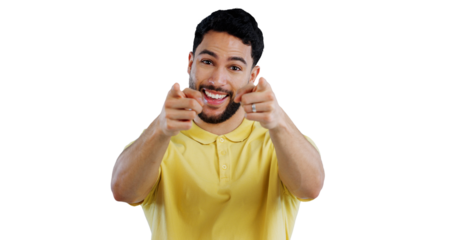 Man, portrait and happy with pointing to you for decision, choice and vote for winner, volunteer and join us. Indian, and hand gesture for support and emoji isolated on a png transparent background