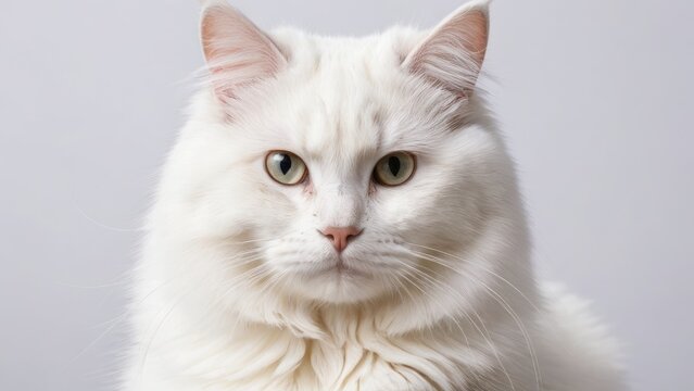Portrait of White british longhair cat on grey background