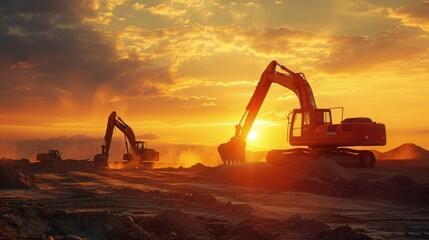 Crawler excavators silhouette are digging the soil in the construction site at sunset background