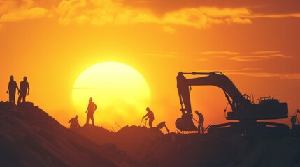 Crawler excavators silhouette are digging the soil in the construction site at sunset background - obrazy, fototapety, plakaty