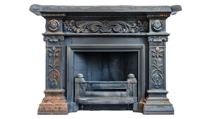 Cast iron fireplace isolated on white background.