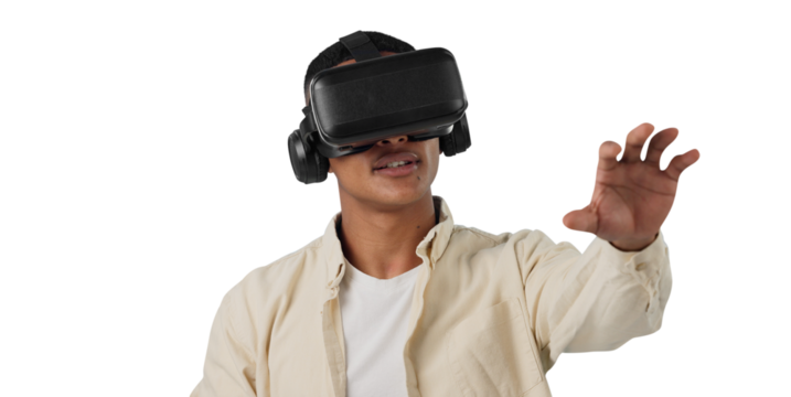 Virtual reality, press or headset for man with future technology or happy to play on gaming app. Hologram, 3D and metaverse in digital world and high tech for isolated on transparent png background