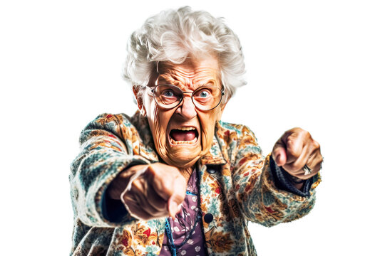Elderly woman grandmother screams in angry anger, aggressively disappointed, white background isolate.