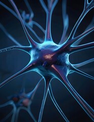 Neuron in Blue Light Photo, Rendered Style, Medical Imaging Film Aesthetics, Scientific Visual Representation Generative AI