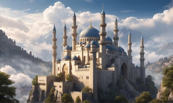 A majestic mosque with a high tower that reaches into the clouds - eid al fitr background