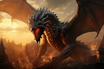 a large black dragon with red eyes is flying over a city - obrazy, fototapety, plakaty