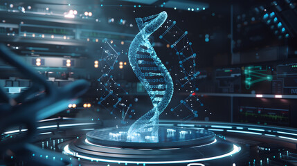 A sleek, futuristic illustration focusing on the CRISPR-Cas9 mechanism interacting with a DNA helix. The scene is set within a high-tech lab environment, where a luminous, enlarged DNA strand spirals 