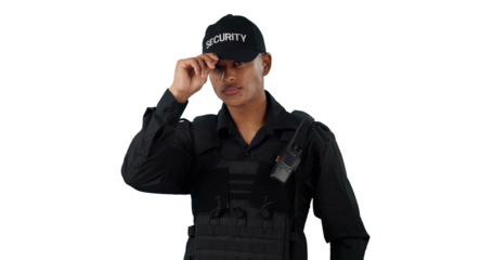Man, security guard and confidence in uniform for safety, protect and danger on isolated, transparent png background. Law enforcement, bodyguard and officer with walkie talkie for help and danger.