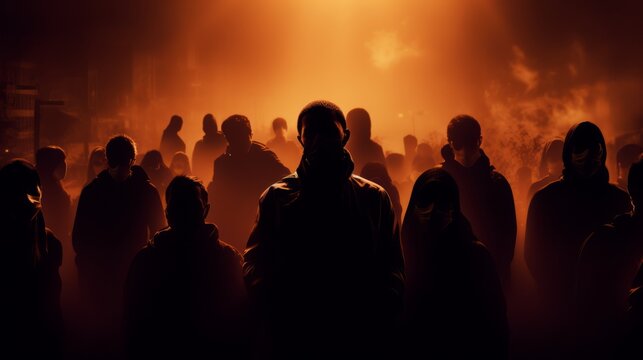 Silhouettes of a crowd of people wearing medical masks on a gloomy dark background. Social problem, consequences of nuclear war, Epidemic, zombie apocalypse concepts.