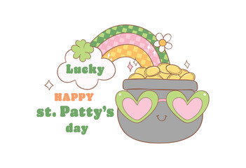 Groovy st patrick's day, st patty rainbow with clover leaves cartoon doodle drawing.