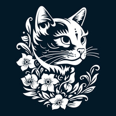 Cat Portrait with Botanical Accents - Black and White Vector Art