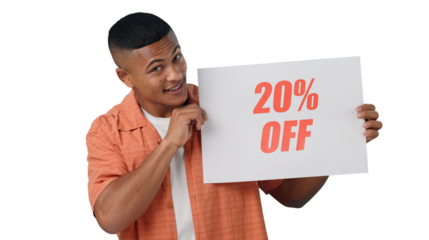 Man, portrait and poster with sale for discount, announcement and presentation with promotion sign. Cape town model, happy and face with price information and isolated on transparent png background