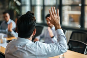 Group of People Sitting at a Table With Their Hands Up. Generative AI.
