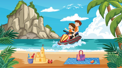 Obraz na płótnie Canvas Two people riding a jet ski near a sandy beach.