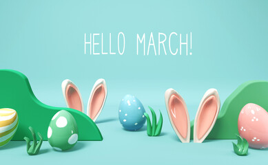 Hello March message with rabbit ears and Easter eggs - 737776752