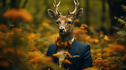Imagine a debonair deer in a velvet smoking jacket, accessorized with a silk cravat and a monocle. Amidst a backdrop of autumn foliage, it exudes woodland charm and refined taste. The vibe: rustic and - obrazy, fototapety, plakaty