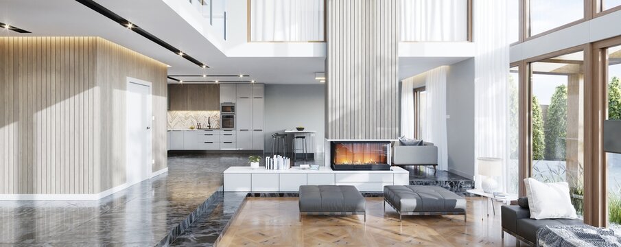 rendering of white modern living room with fireplace