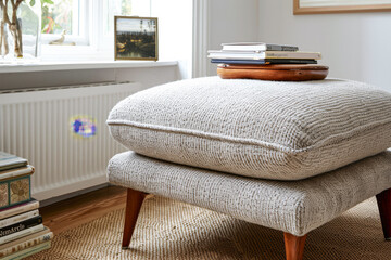 Serene and chic interior composition with a luxurious tufted bench and textured accents