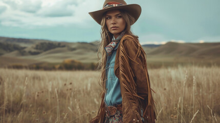 A fusion of nomadic and western styles with a suede fringe jacket denim shirt and printed bandana paired with a flowy tribal print skirt and cowboy boots perfect for a wild - Powered by Adobe