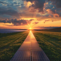 Solar cells forming a path leading to a green future with the sun setting behind promising endless renewable energy