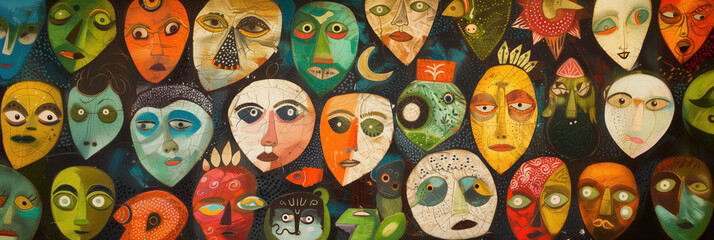 Artistic faces with varied expressions and colors.
