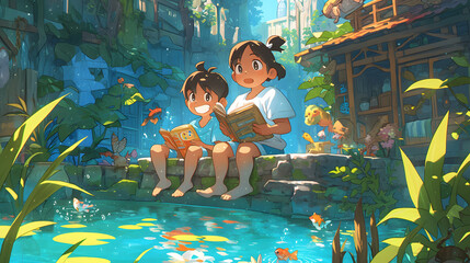 boy and girl reading books by the pond in a calm atmosphere