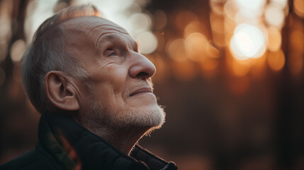 Smiling elderly man enjoying a sunset in nature.