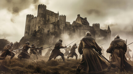 The clash of swords echoes through an abandoned castle as warriors from a bygone century are remembered in a historical reenactment - obrazy, fototapety, plakaty