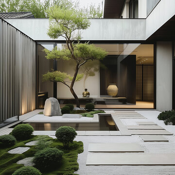 petite cour int&eacute;rieure am&eacute;nag&eacute;e en jardin japonais raffin&eacute; et minimaliste, dans une maison d'architecte tr&egrave;s moderne