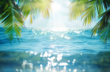 Fototapeta na wymiar Tropical Bliss - Bokeh Lights and Palm Tree Leaves against a Blurred Blue Sky and Sea - Embracing the Summer Vacation Vibe. Made with Generative AI Technology