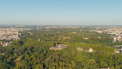 Rome, Italy. Giuseppe Garibaldi Monument. Janiculum, one of the hills of Rome. Summer. Morning hours, Aerial View