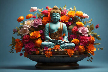 Antique meditating Buddha statue surrounded by flowers on a gray background.